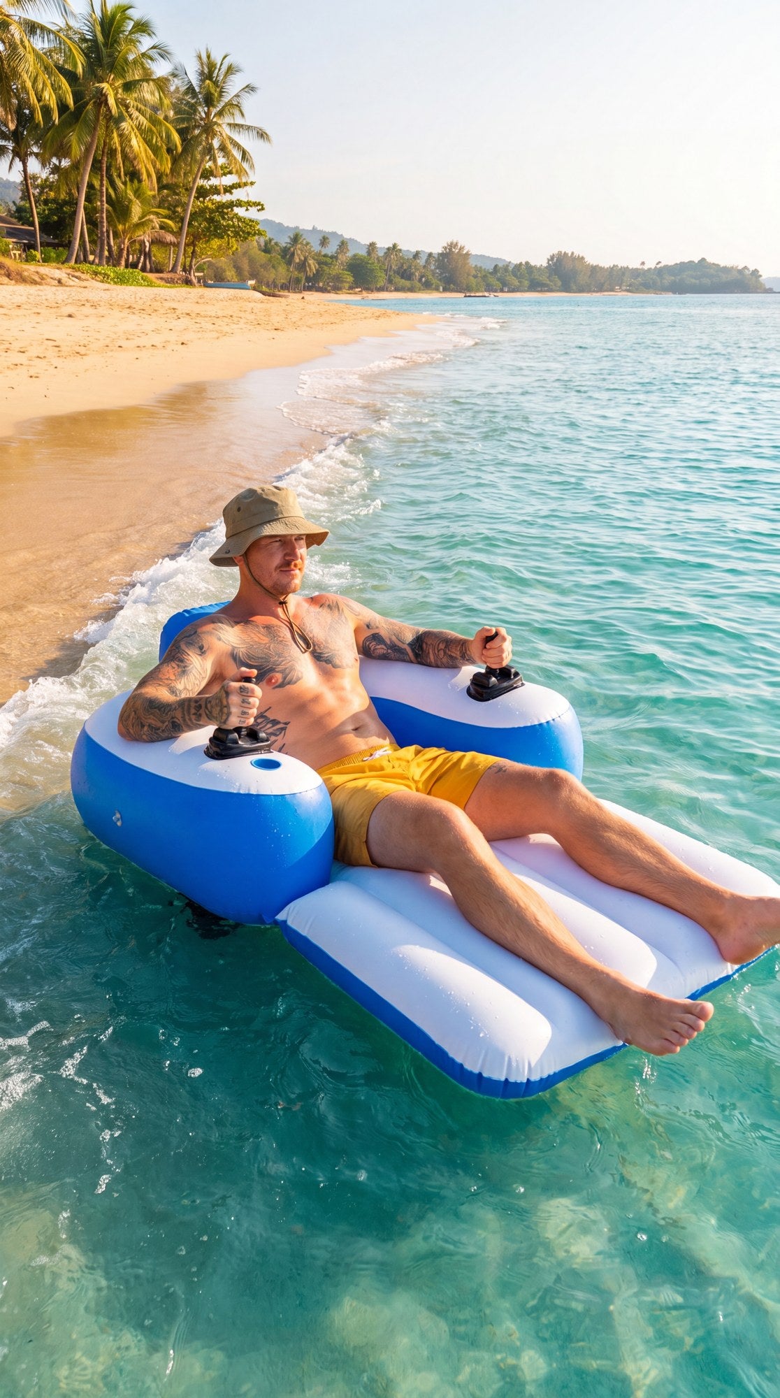 Man relaxing on MotoFloat motorized float with drinks at shoreline