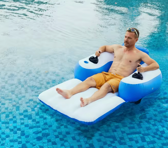 MotoFloat motorized lounger with twin throttle controls in pool